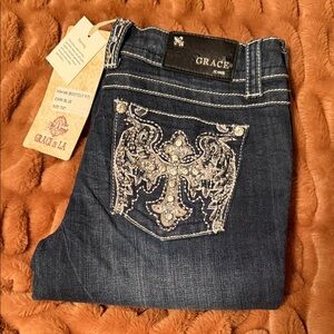 Grace Women's Dark Blue Boot Cut Jeans with Embellished Pocket